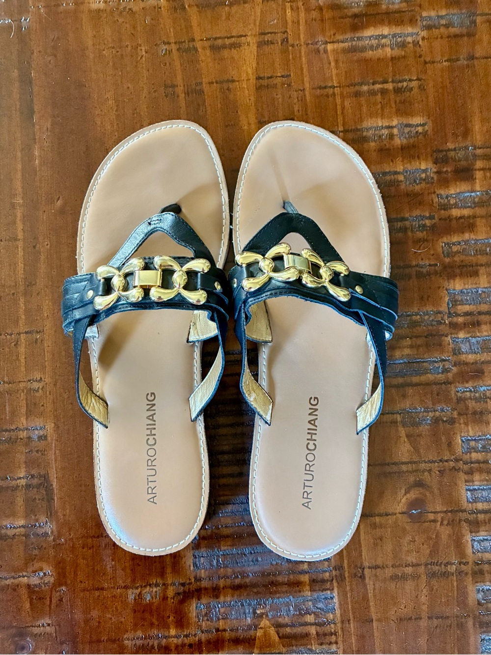 Arturo Chiang Black Sandals with Gold Chain Accent